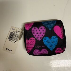 NWT LeSportsac Black Wallet with Pink and Blue Hearts
